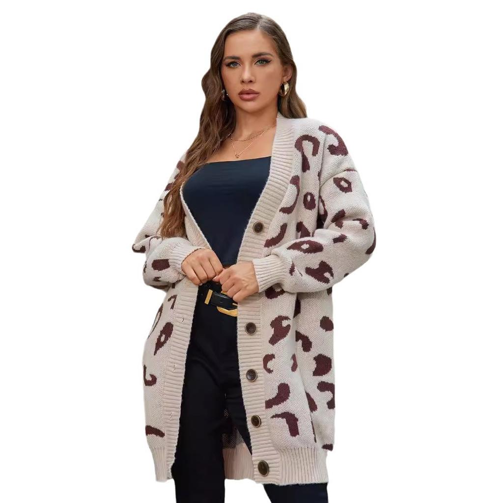 2024 Herbst Winter Gestrickte Leopardenpullover Damen Koreanisch V-Ausschnitt Dick Print Strickjacke Mantel Locker Knopf Oberbekleidung Tops