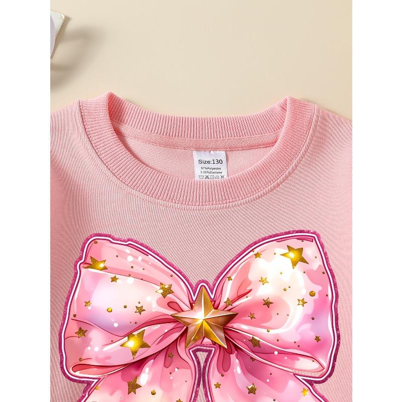 Kids Sweatshirt Crewneck Sweatshirt Pink Bow with Golden Stars Pattern Machine Washable, Spring And Autumn, Sportswear And Casual Wear