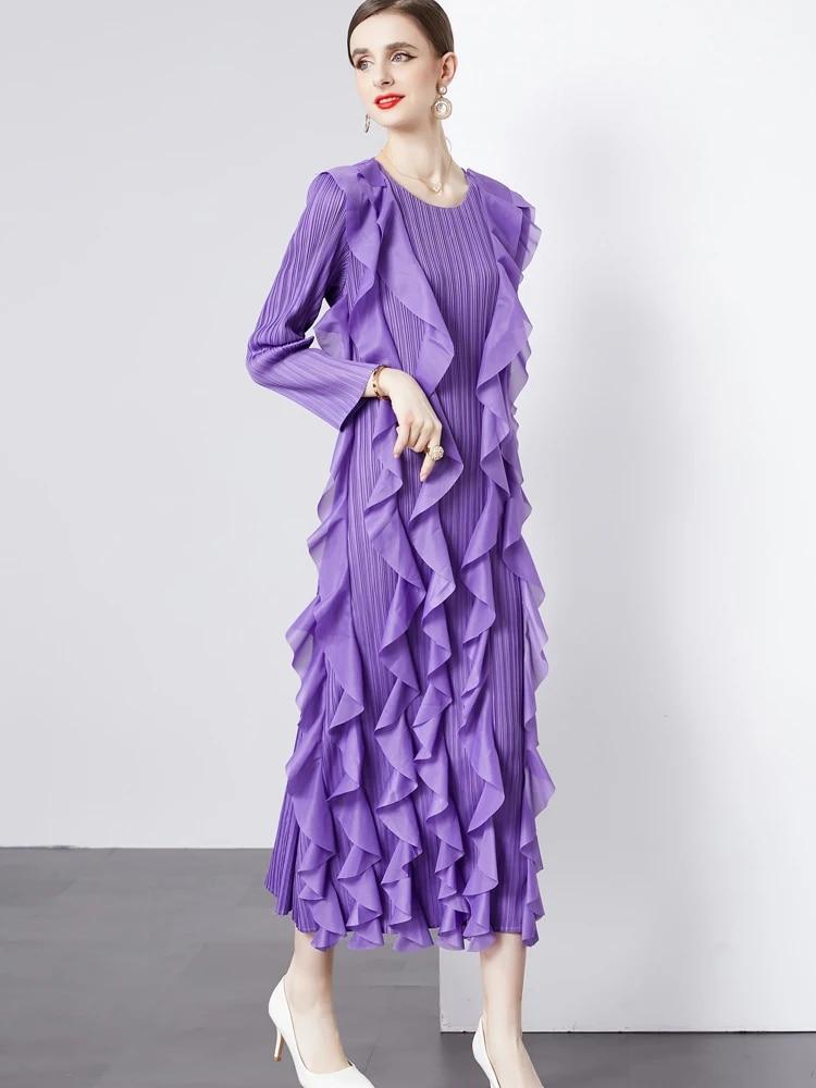 Xitao Volány Patchworkové Šaty Dlouhý Rukáv Plisované Temperament Elegantní Volné Dámské DMJ3992