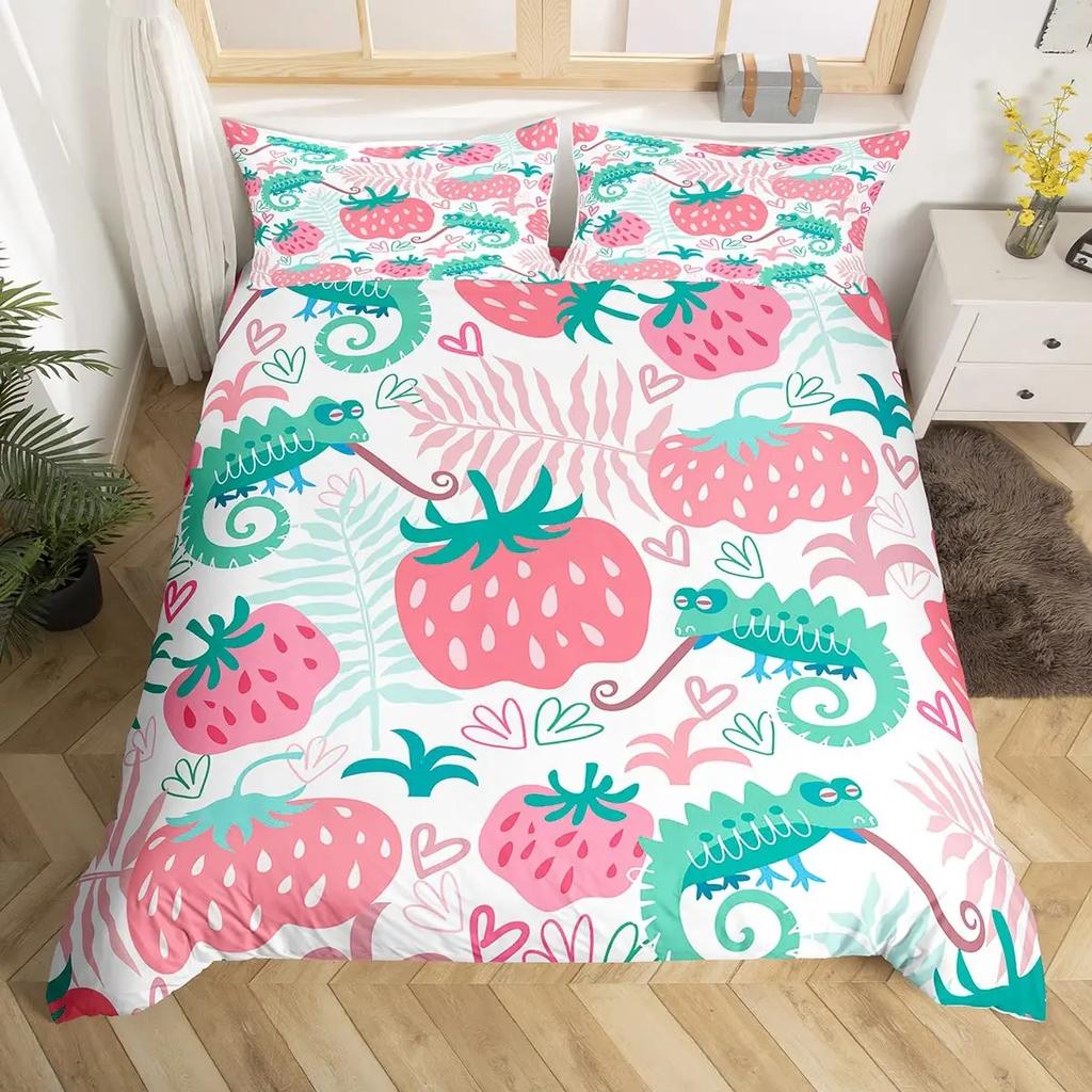 Strawberry Duvet Cover SetRed Strawberry Bedding Set for Girls Cute Black White Geometric Plaid Grid Comforter Cover Full Size