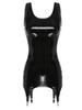 Dress with Garter Belt Women Sleeveless Patent Leather Mini Dress Bodycon Pencil Clubwear