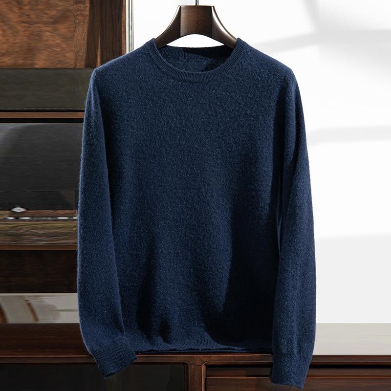 Men's Thick Warm Cashmere Sweater - Solid Color Round Neck Loose Fit