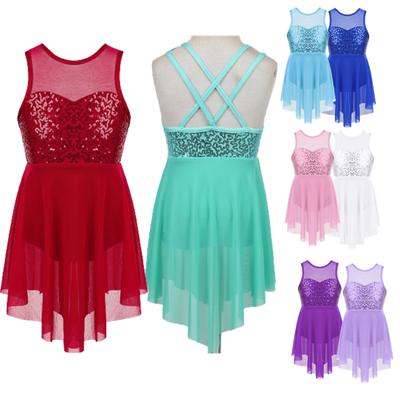 Kids Girls Lyrical Dance Costume Sleeveless Round Neck Sequins Irregular Hem Dress