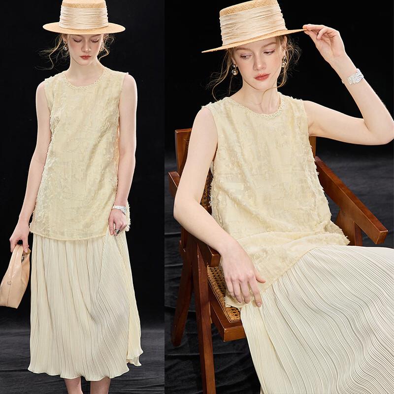 Women s Elegant Faux Two-Piece Sleeveless Pleated Dress M