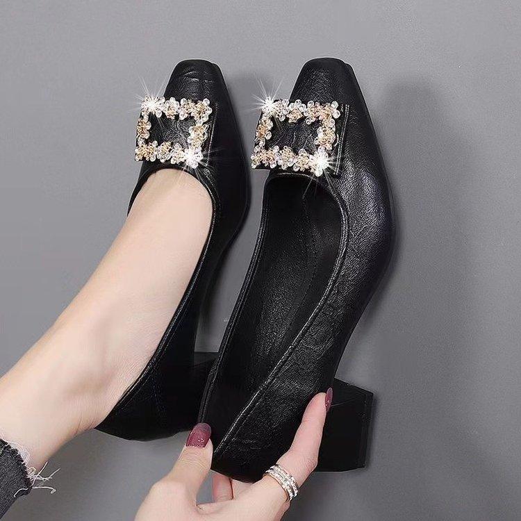 Coarse Heel Shallow Mouth Single Shoes Women's 2025 New Spring Square Head Rhinestone High Heels Medium Heel Versatile Temperament Work Shoes