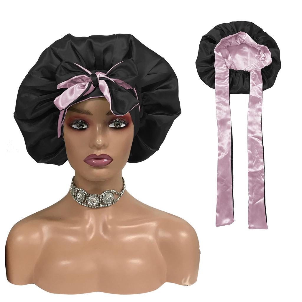 High Quality Personalized LOGO Hair Bonnets with Satin Head Wraps Custom Silk Sleep Tie Bonnet