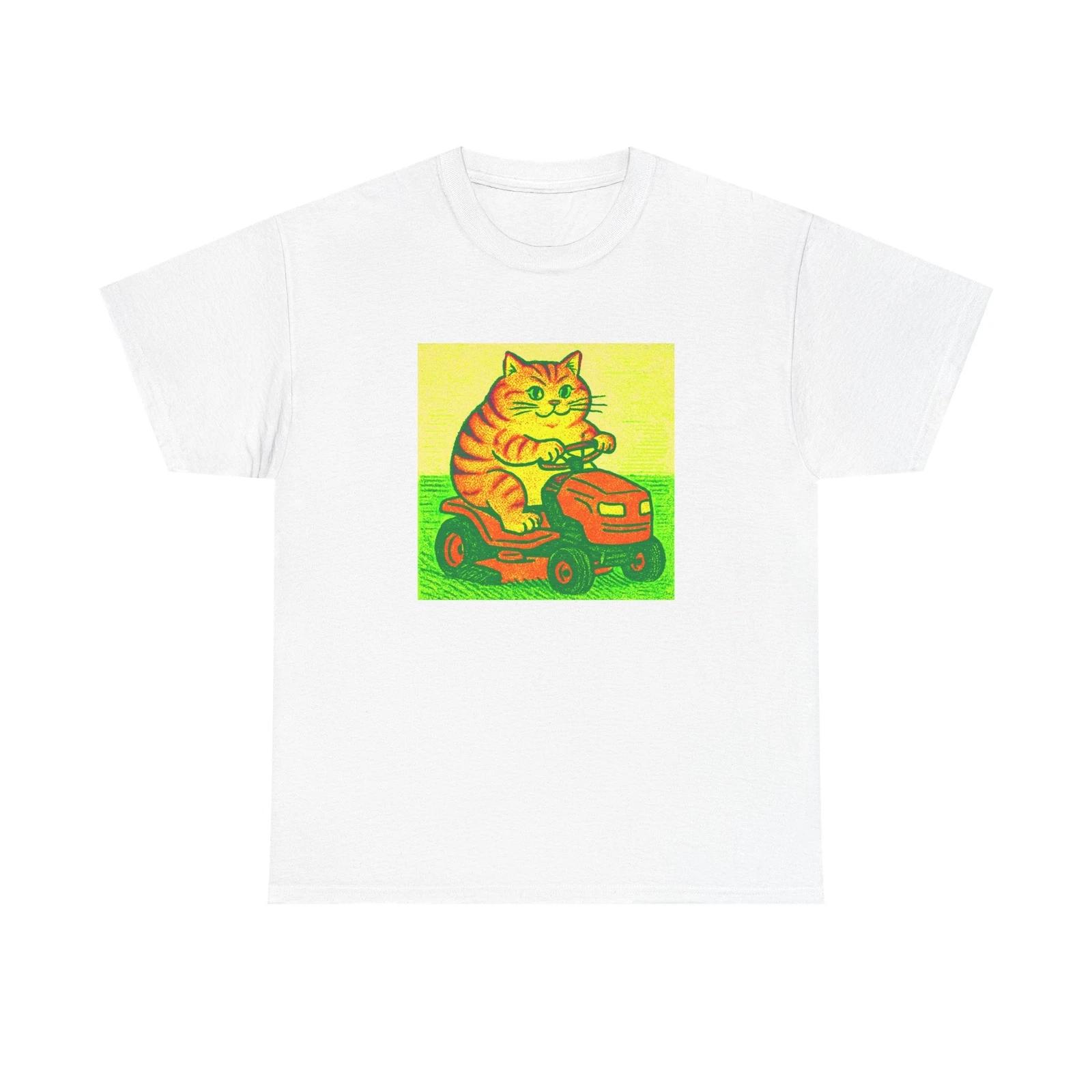 Unisex Adult T Shirt Funny Animal Art Cat Mowing Lawn L