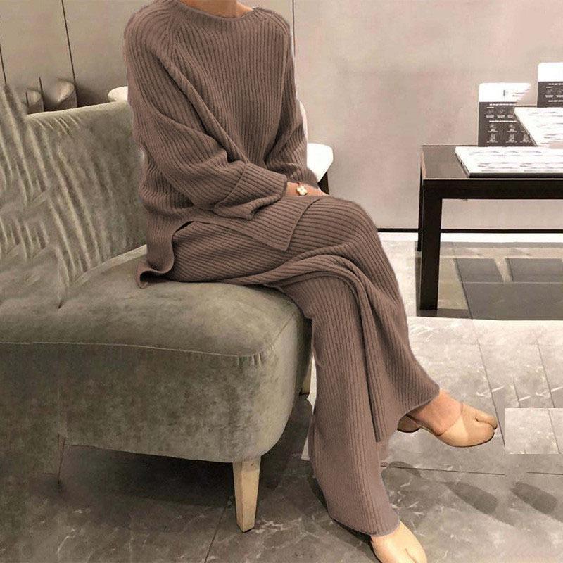 Women's Solid-Color Knit Casual Two-Piece Set with Long Sleeves for Fall/Winter