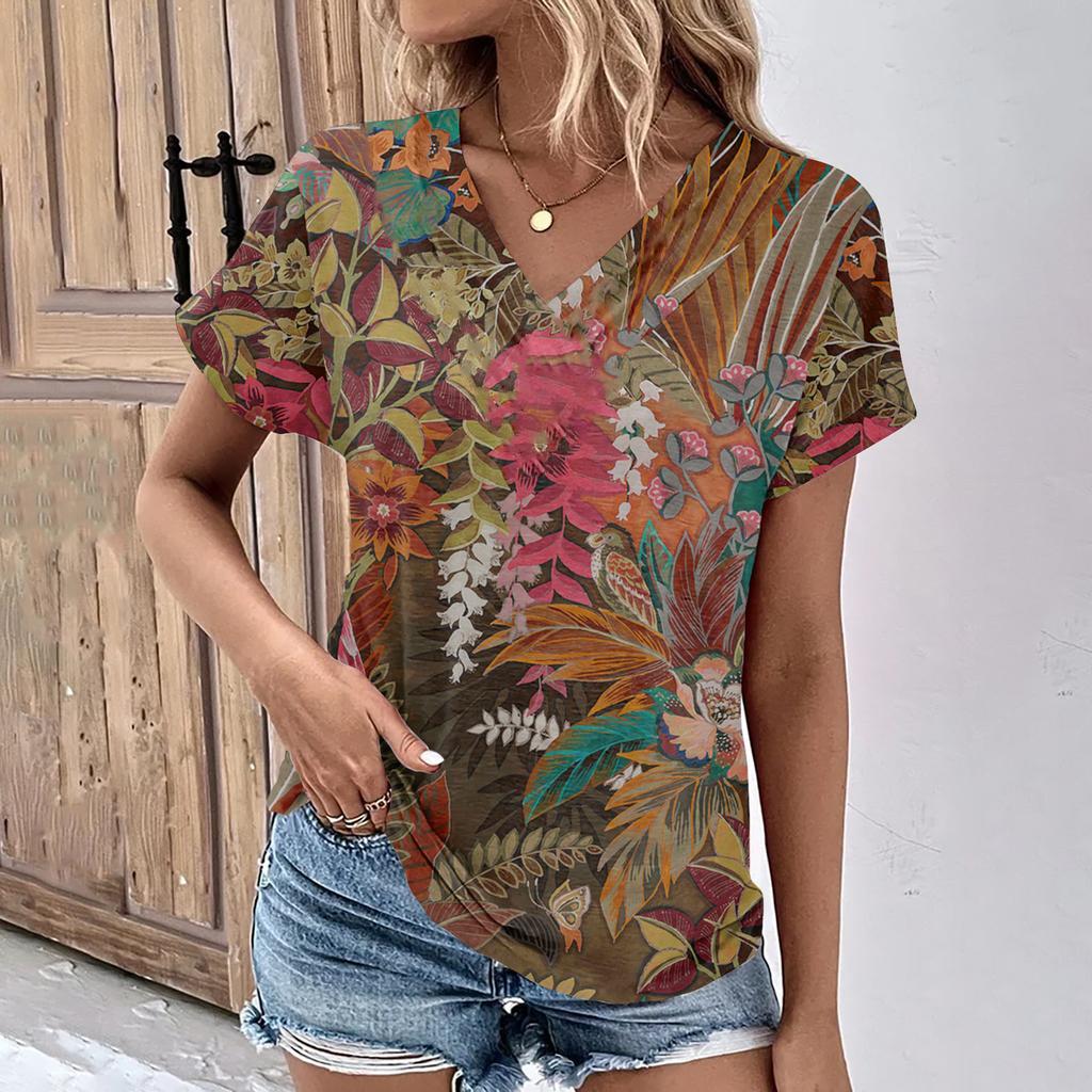 vintage women floral print t shirt short sleeve v neck tops comfortable t-shirts