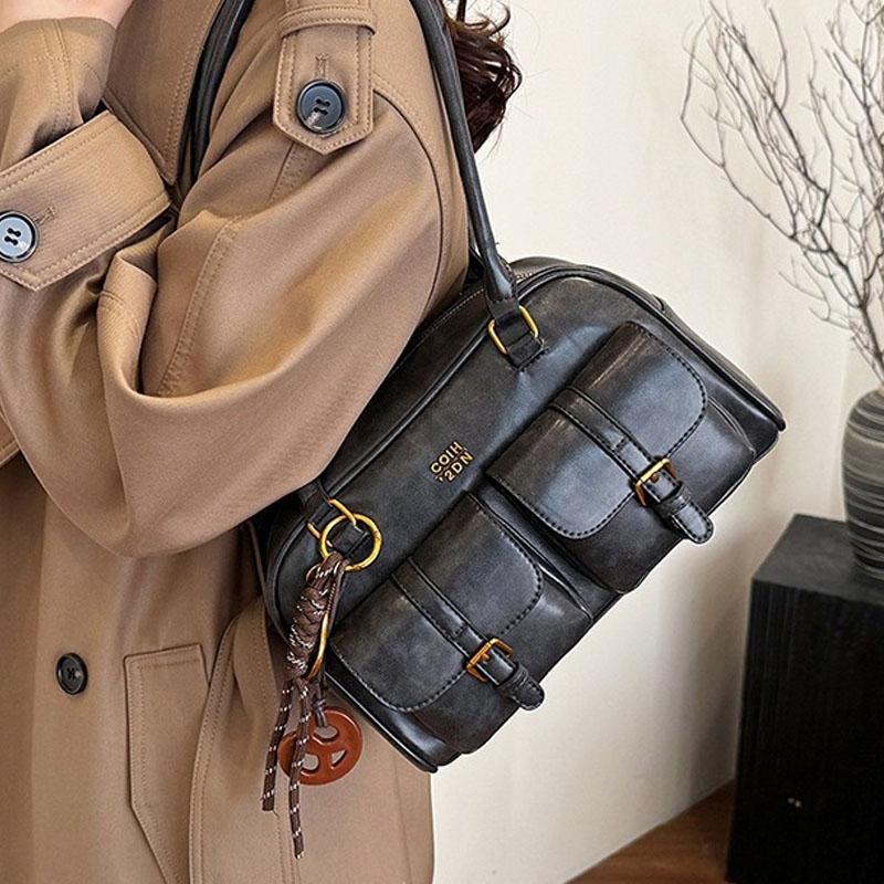 1Pcs Women's Shoulder Bag Retro Solid Color Leather Handbag With Multiple Pockets Large Capacity Comes With Detachable Accessory