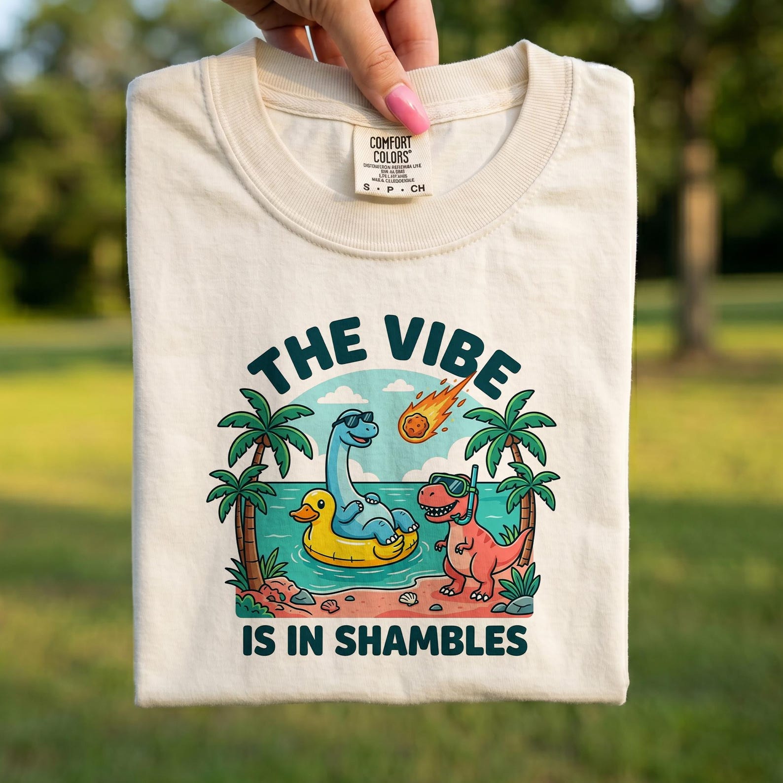 Comfort Colors® - The Vibe Is In Shambles Shirt, Funny Dinosaur Meteor Tee, T-Rex Beach Extinction Humor Gift, Dinosaur Vacation S