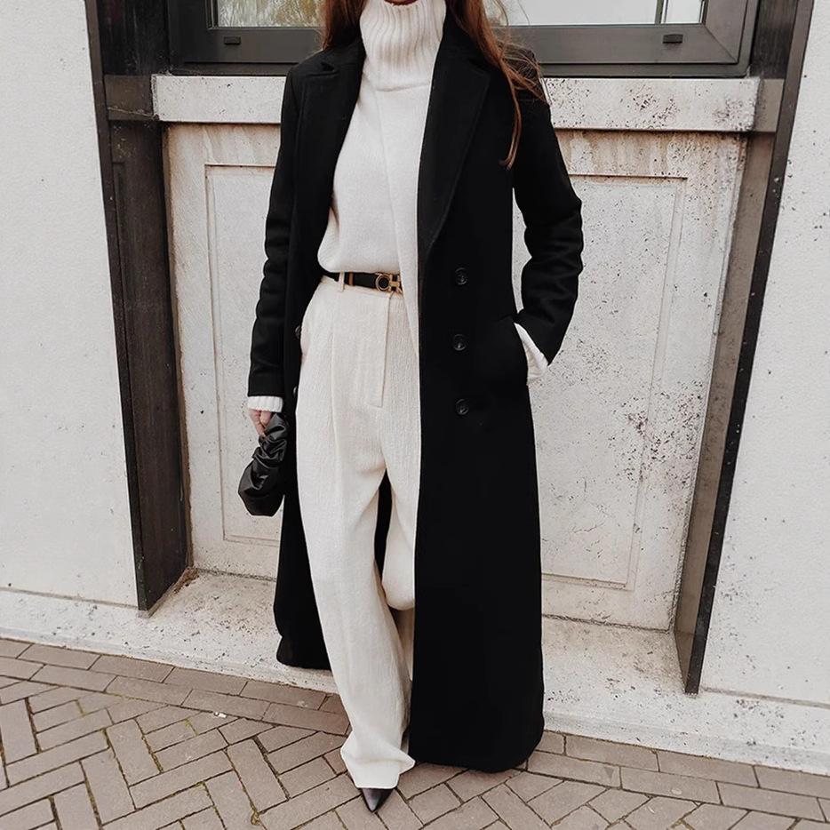 Women's Long Black Double-Breasted Overcoat