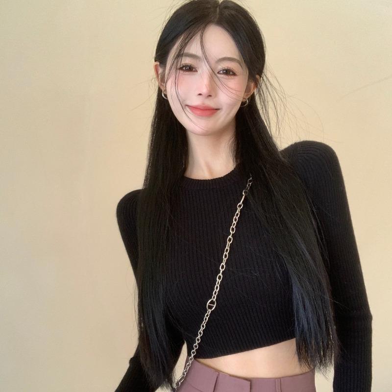 Gray Long-sleeved Knitted Sweater Women's Spring and Autumn Inner Fit Slim-fitting Short Open-button Tight Bottoming Shirt Top Tide