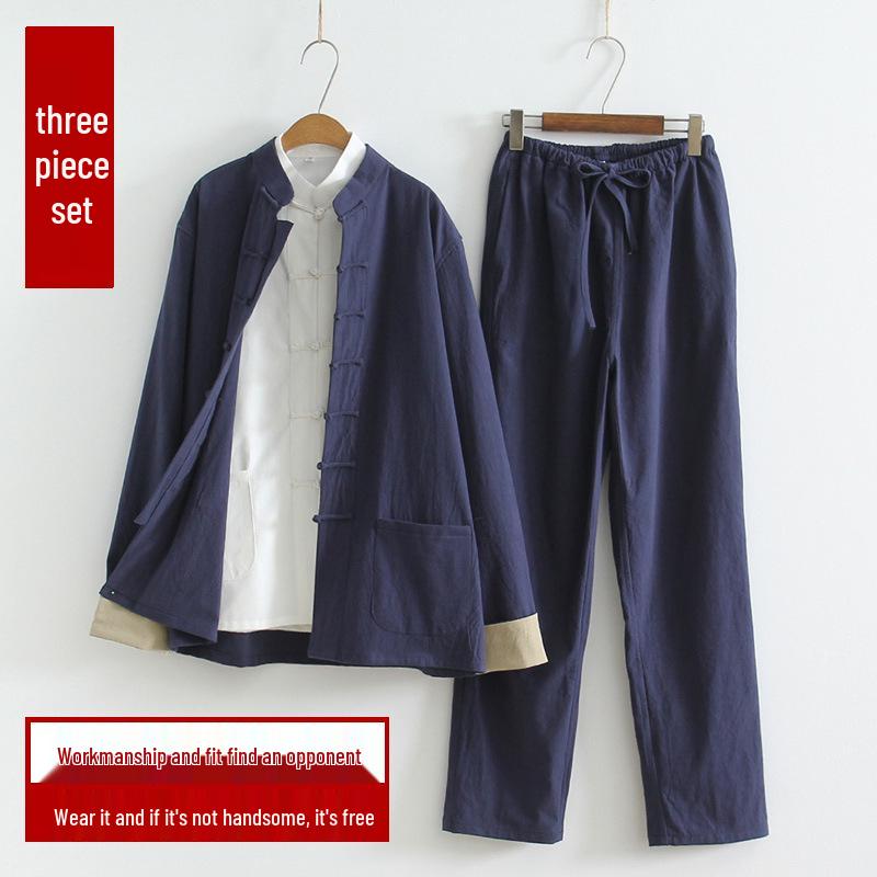 Men's Cotton Linen Three-Piece Tang Suit: Chinese Style Frog Button Hanfu, Retro Lay Buddhist Robe, Tea Attire