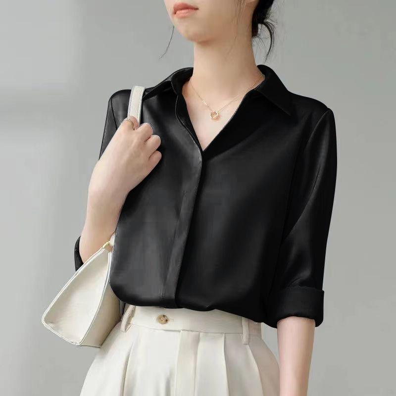 Spring Korean-style Pure Color Loose Satin Long Sleeve Shirt Women