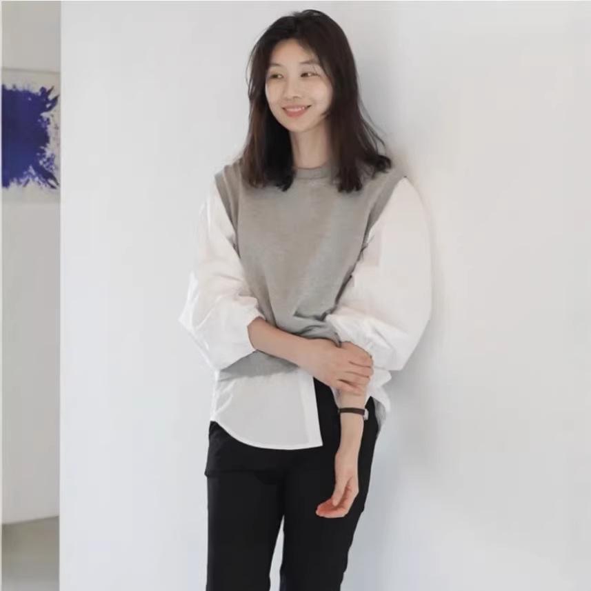 2026 Women s Korean-Style Puff Sleeve Patchwork Top L серый