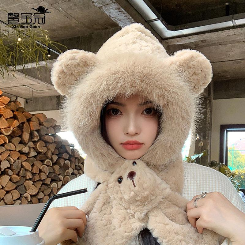 Winter plush hat, scarf, integrated hat, cute bear pullover hat, women's outdoor cold protection and warm ear protection two-piece set