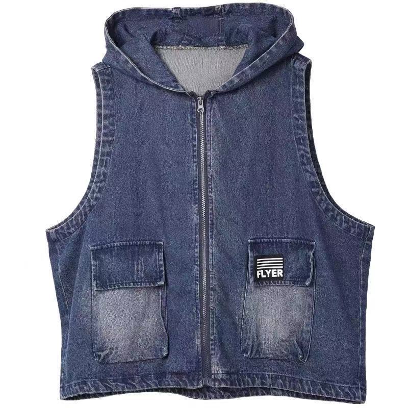 Loose Hooded Denim Vest Women's Spring and Autumn Plus Size Slimming All-match Casual Vest Short Jacket