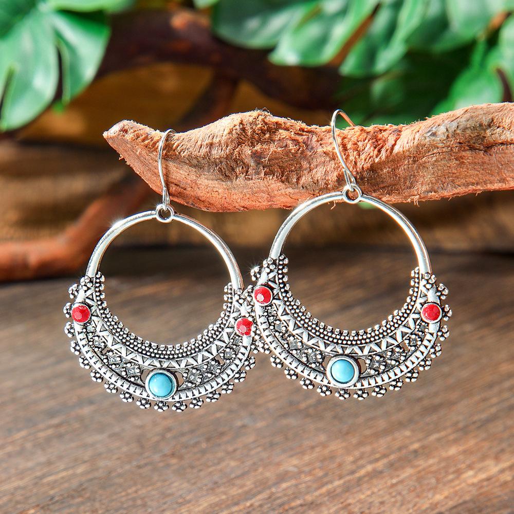 Vintage Earrings Silver Geometric Turquoise Drop Earrings Bohemian Dangle Jewelry for Women