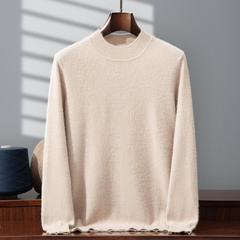 Men's 100% Pure Cashmere Double-Layer Sweater, Semi-High Neck, 2025 Autumn/Winter Thick Knit Base Layer