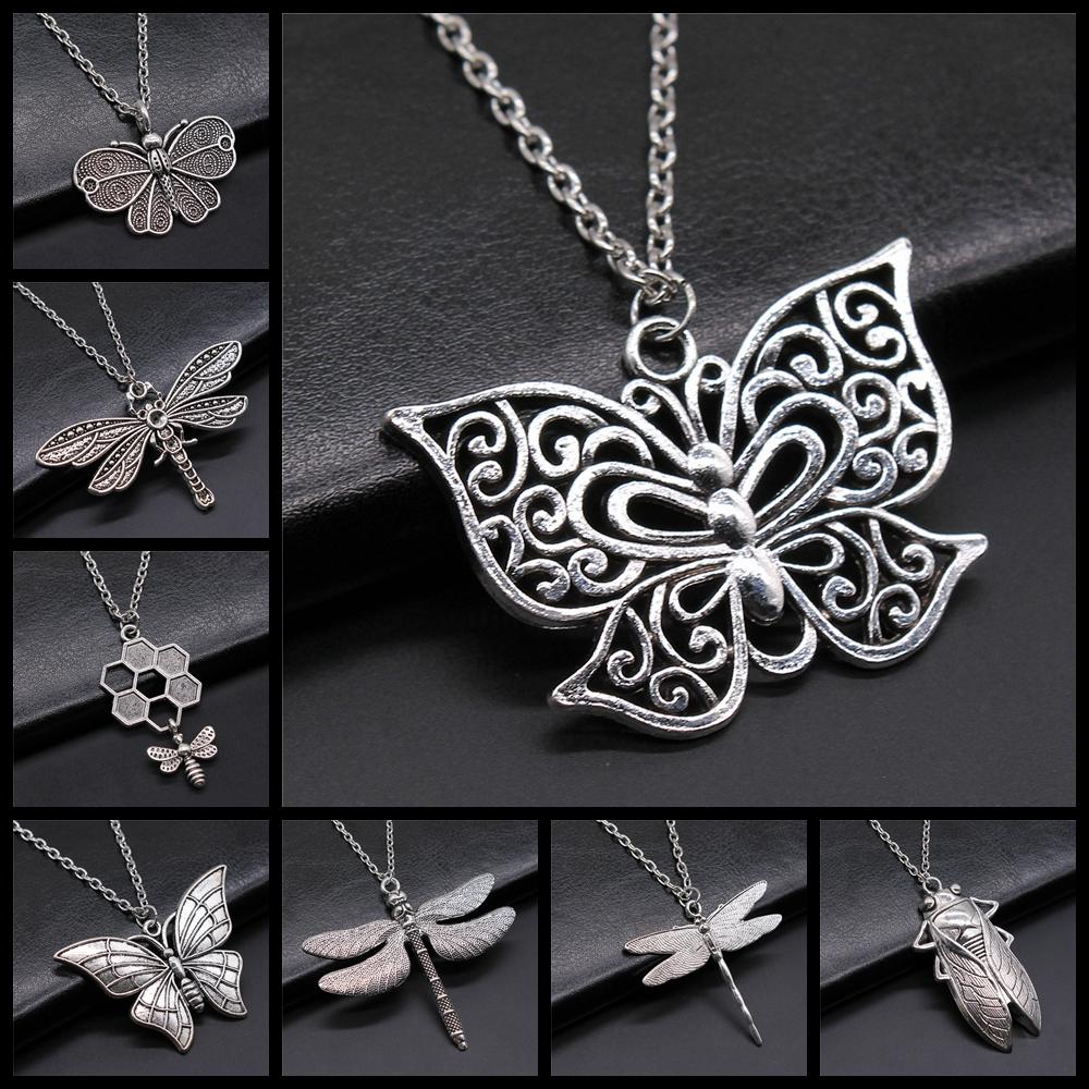 New Fashion Antique Silver Color Flying Animal Insect Necklace Butterfly Dragonfly Bee Cicada Pendant Necklace Gift For Women