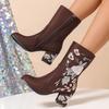 Women Boot Socks Wide Calf Retro Ethnic Embroidered Women's Single Boots Thick Heels High Heels Side Womens Boots Half Calf