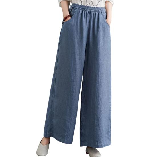 Women Pants Elastic Waistband Adjustable Drawstring Wide Leg Long Pants with Pockets Pure Color Leisure Trousers Summer Travel Work Wear