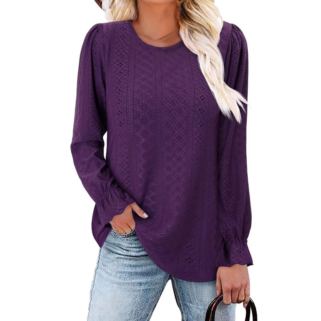 Women's Fashionable Solid Color Round Neck Long Sleeved Casual Loose Top