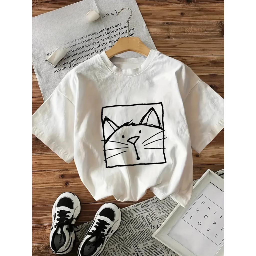 Kwaii Cat Letter Print Streetwear Tshirts Female T Shirts Egirl Korean Fashion Graphic Tees Tops Unisex Clothing