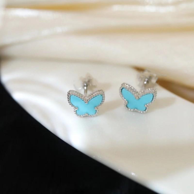 Four-Leaf Clover S925 Silver 9mm Stud Earrings with Red Agate, Black Agate, Turquoise, Butterfly, White Shell, Gray Shell, and Pink Shell for Women.