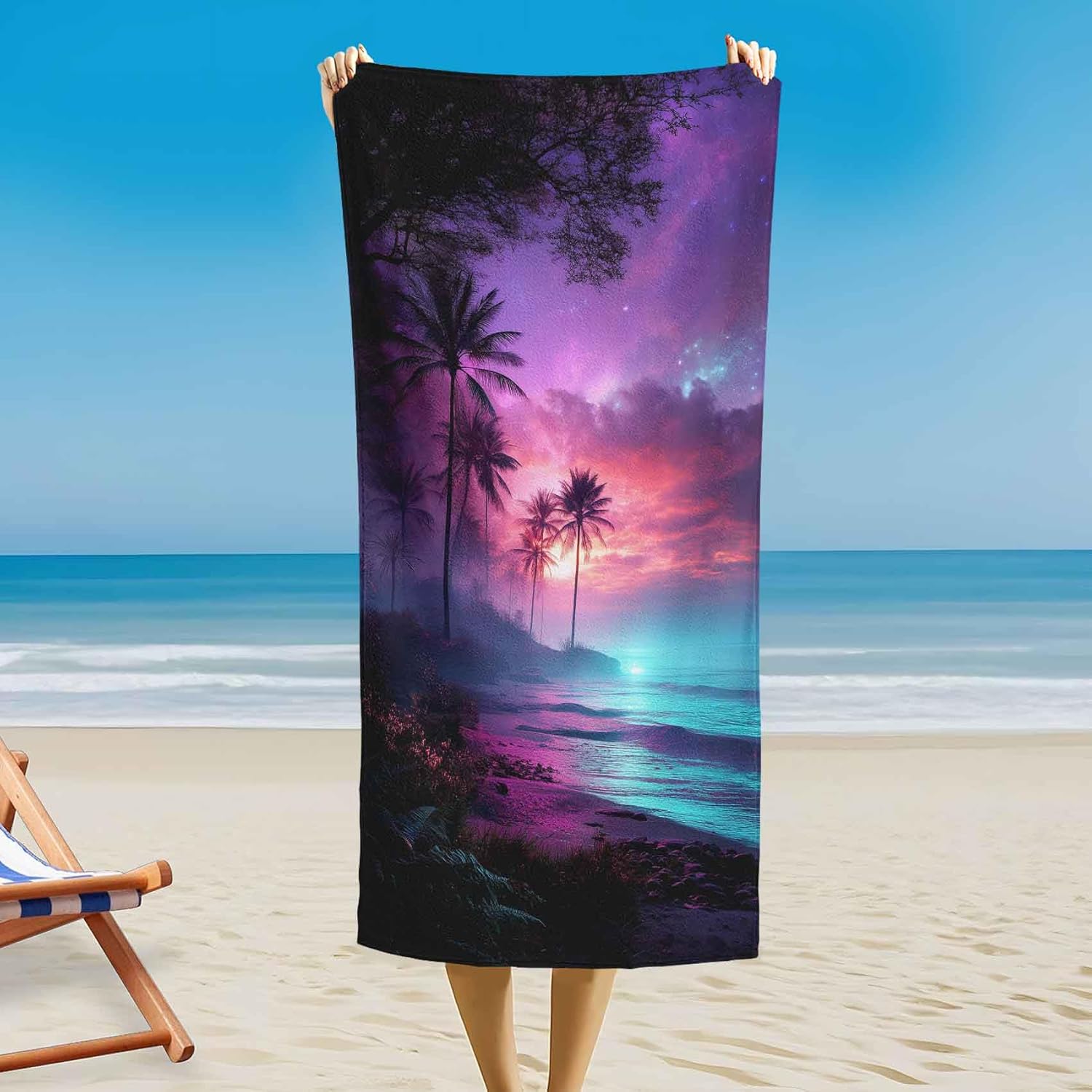 Artistic Starry Sky Palm Tree Beach Towel, Tropical Hawaiian Quick Dry Absorbent, Large Sandproof Travel Pool Camping Essentials W30*H60(CM)
