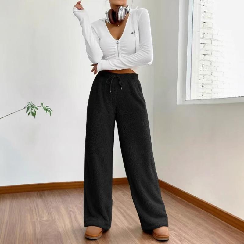 Women's New Autumn Winter Solid Color Fashion Fleece Casual Wide-leg Pants Loose Warm Lounge Pants