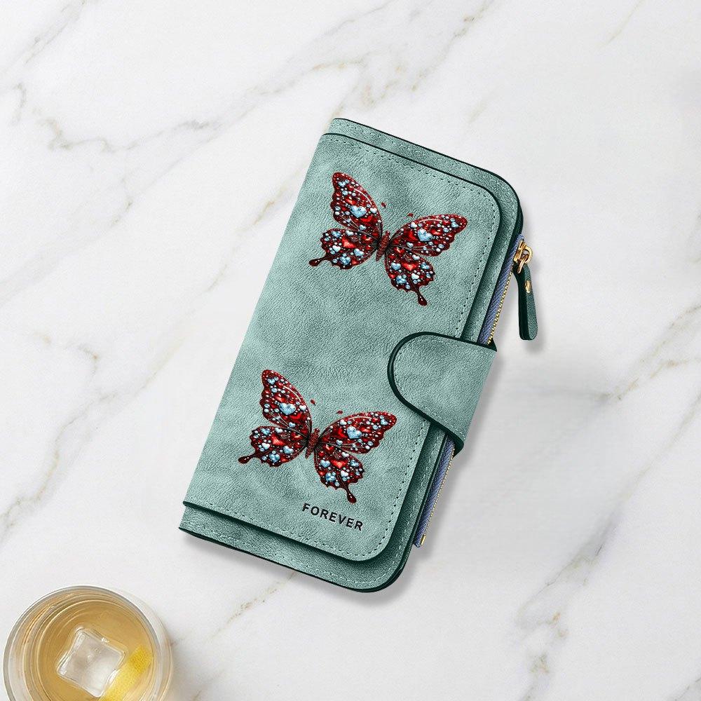 Jeweled Heart and Butterfly Print Long Wallet Multifunctional Portable Coin Purse With Clasp Large Capacity Clutch Bag Perfect For Daily Commuting