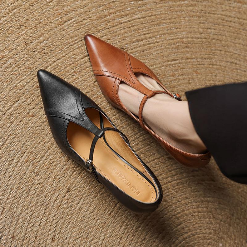 New women's fashion single shoes pointed four-season single shoes buckle solid color leather fine heel comfortable large size shoes beef tendon sole