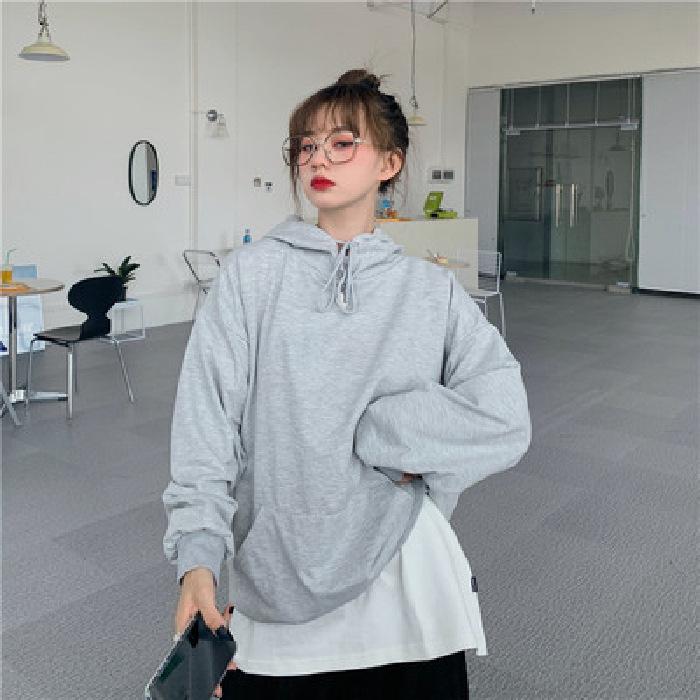 

Худи большого размера однотонное в корейском стиле - Свободная куртка средней длины с карманами для осени/зимы M светло-серый