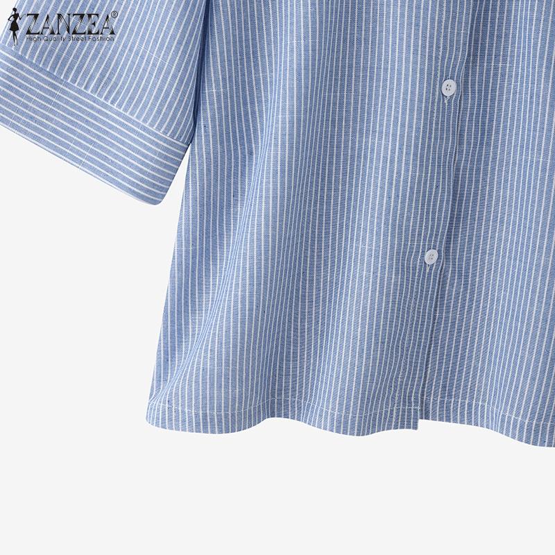 ZANZEA Women Korean Round Neck 3/4 Sleeve Stripes Buttons Patchwork Shirt