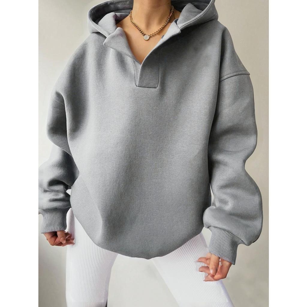 Women's Notch Hood Long Sleeve Sweatshirt Oversized Fit Casual Solid Polyester Pullover Hoodie