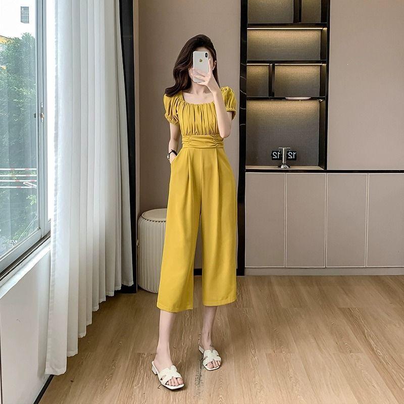 Petite One-Shoulder Wide-Leg Jumpsuit - Summer Slimming Waist-Cinched Small жёлтый