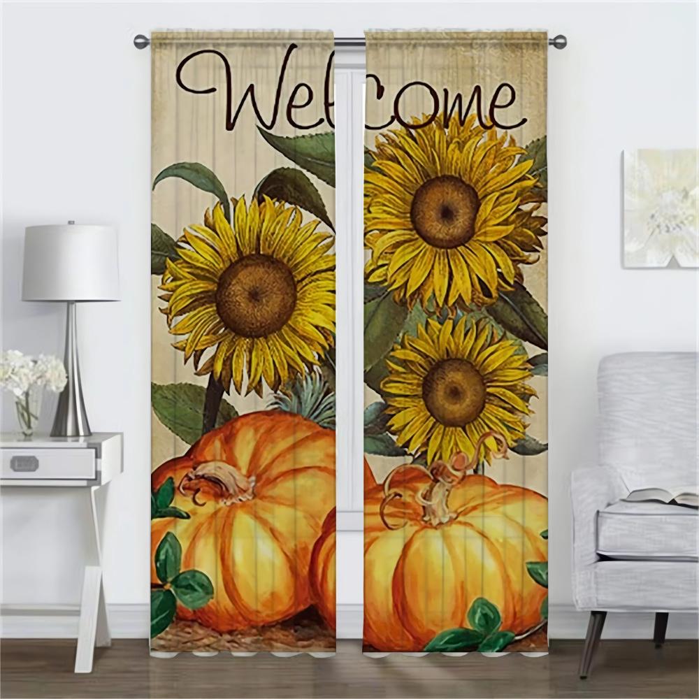 Light Blocking Anti Mosquito Curtains Pumpkin Sunflower Print Curtain Room Panel Tulle Bedroom Halloween Decoration Set Of 2 Made Polyester Washable