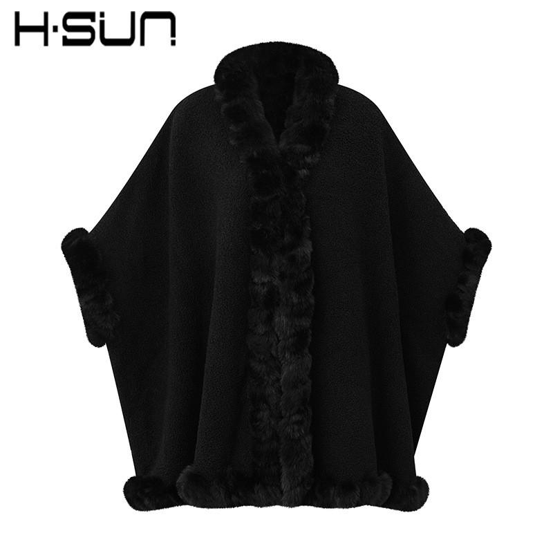 Damen Gestrickter Poncho Schal Mit Kunst Rex Kaninchenfellbesatz Warm Street Style Umhang Herbst Winter