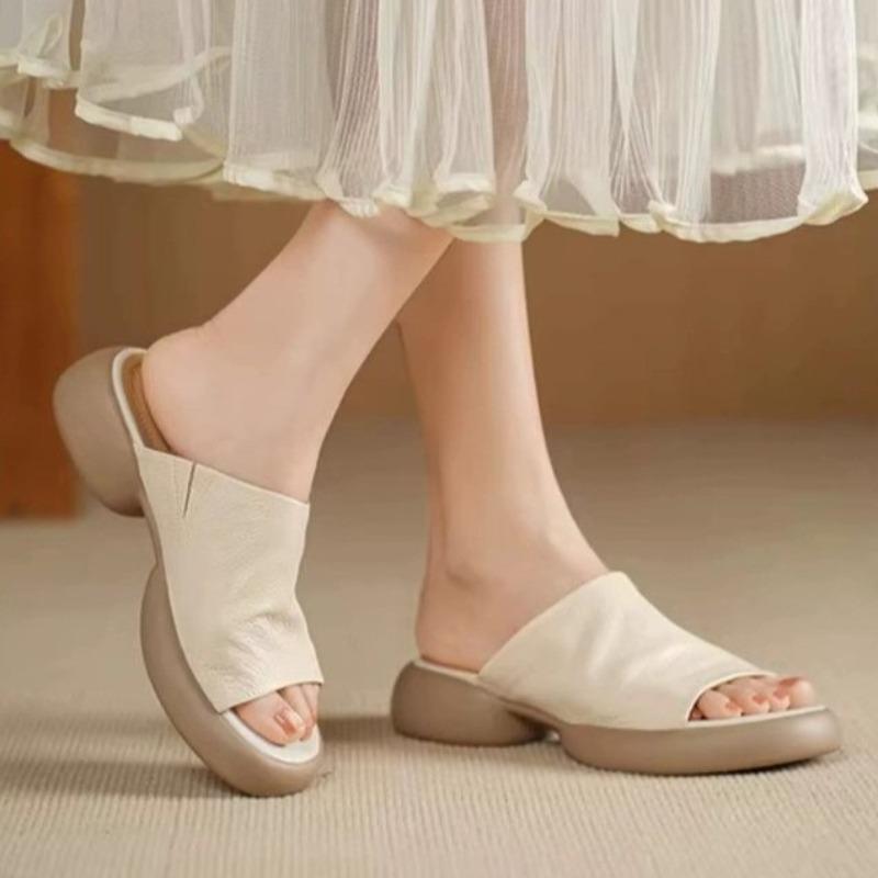 

Модные ретро супермягкие кожаные шлепанцы-флипы для женщин для летней носки, новые с круглым носком, на платформе, с мягкой подошвой, крутые шлепанцы 40