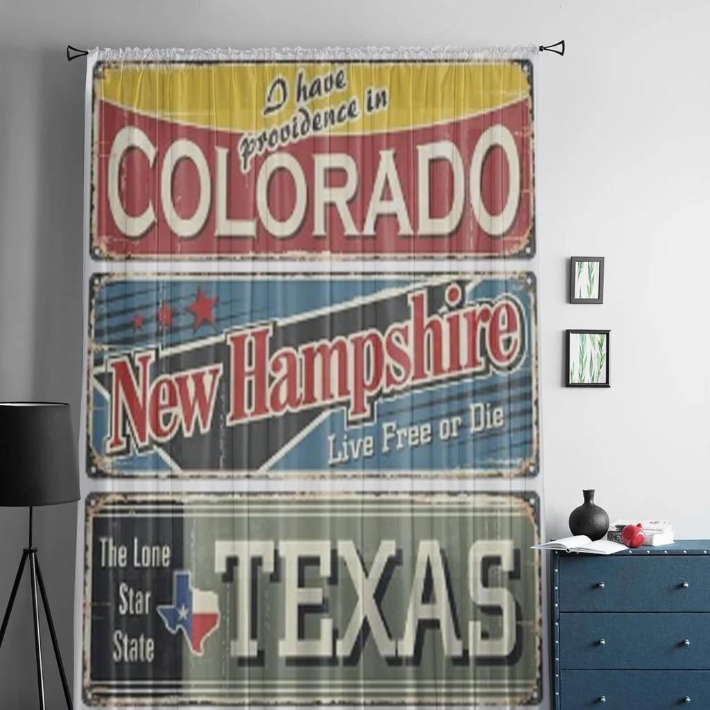Vintage Tin Sign Collection With America State Sheer Curtains for Living Room Tulle Window Curtain Bedroom Kitchen Veil Drapes