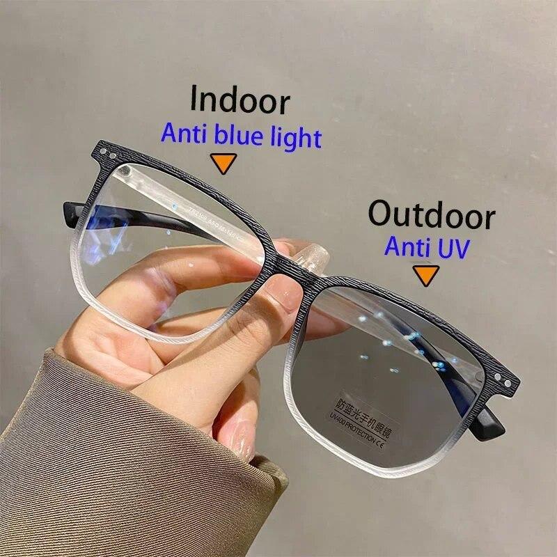 Fashion Photochromic Myopia Glasses Men Women Square Anti Blue Light Finished Prescription Eyewear Ultralights Retro Glasses