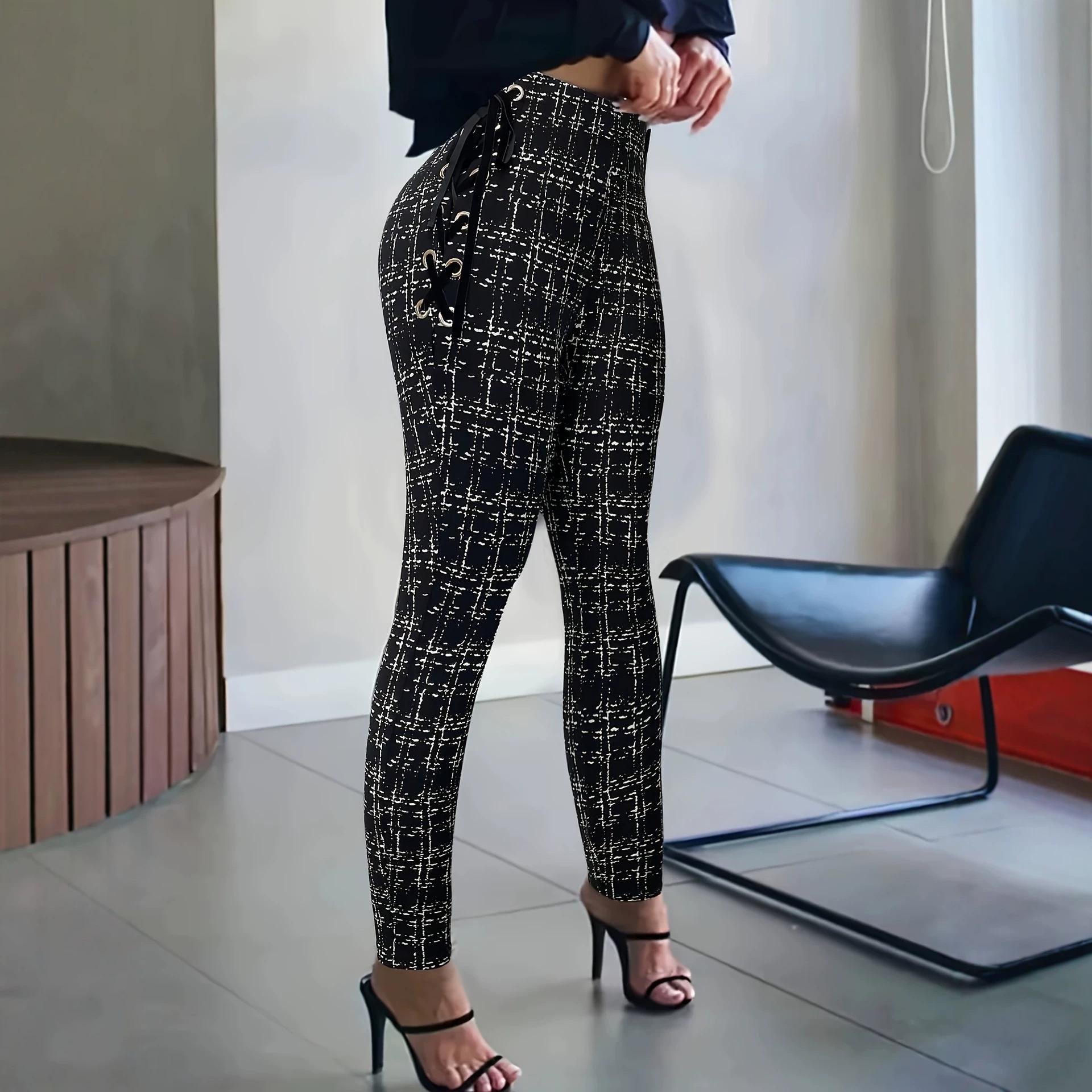Women s clothing European and American new street high waist side bone drawstring printing slim casual pants spring women s trousers women S