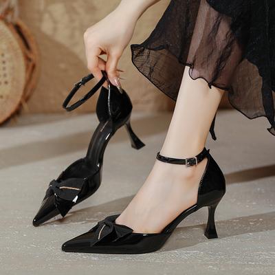 Pointed High Heels Women's Thin Heels New Bow Large Size Shoes 4142 Hollow Bag Head Sandals