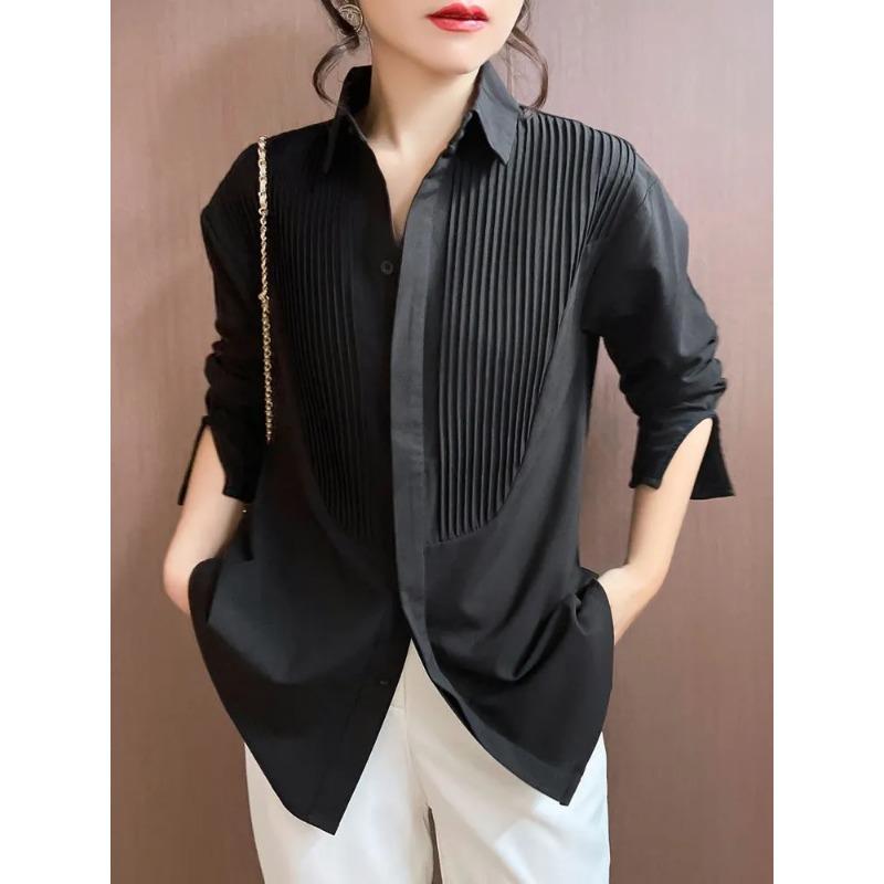 Women's Spring White Pleated Chest Long Sleeve Button Down Shirt