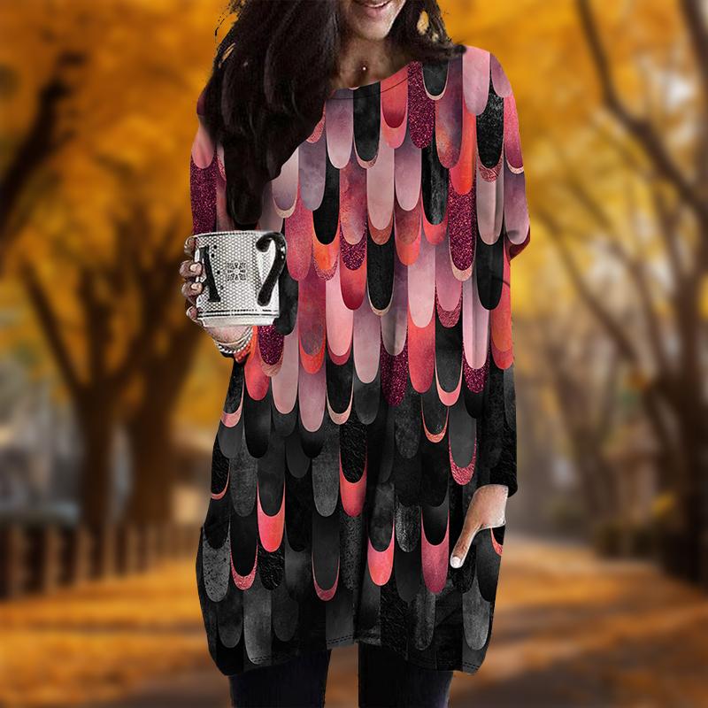 New In Autumn Raindrop Print Plus Size Dress Women O'neck Long Sleeves Casual Pocket Dresses