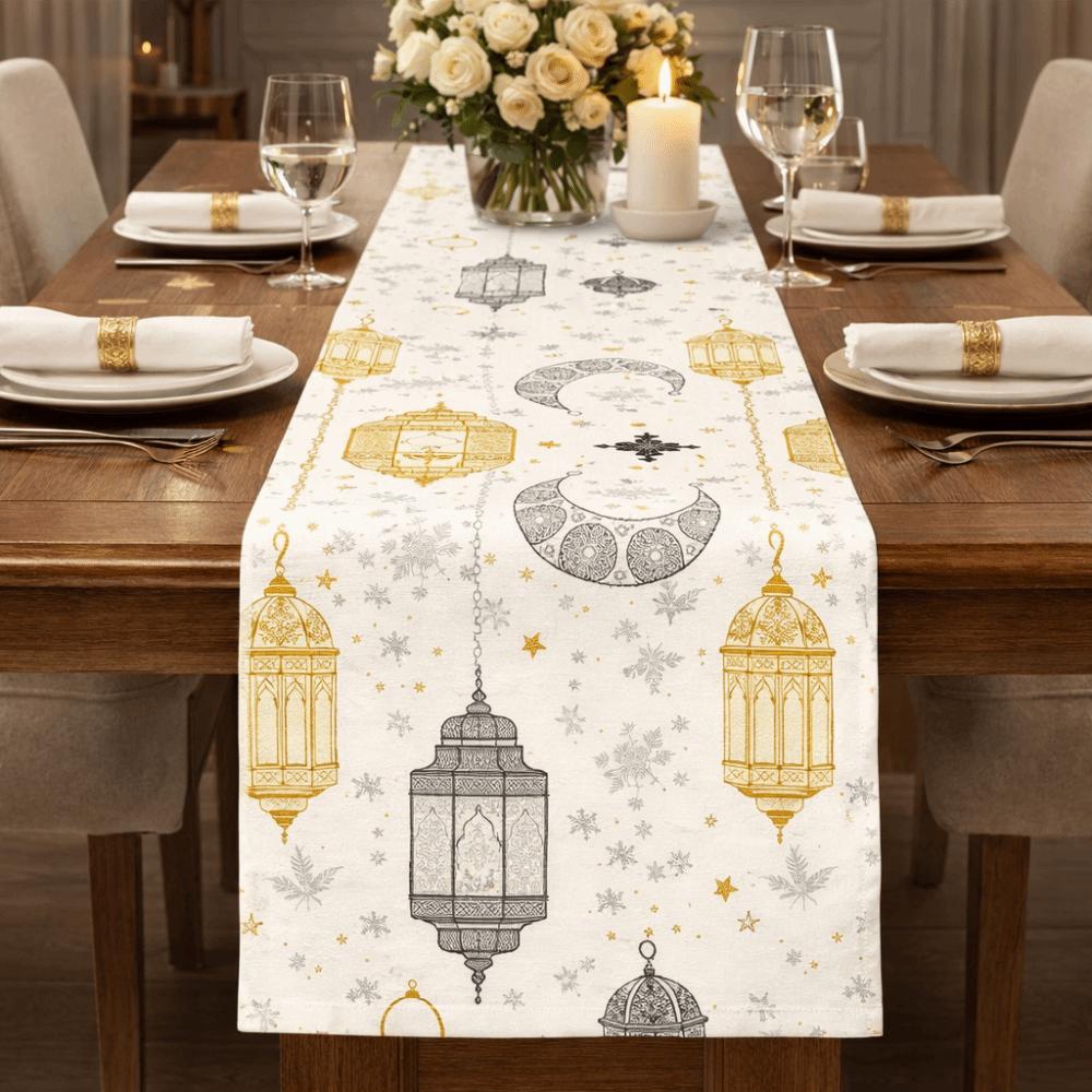 Vintage Moon Star Table Runner Washable Dinner Table Cloth Ramadan Table Runner  Kitchen