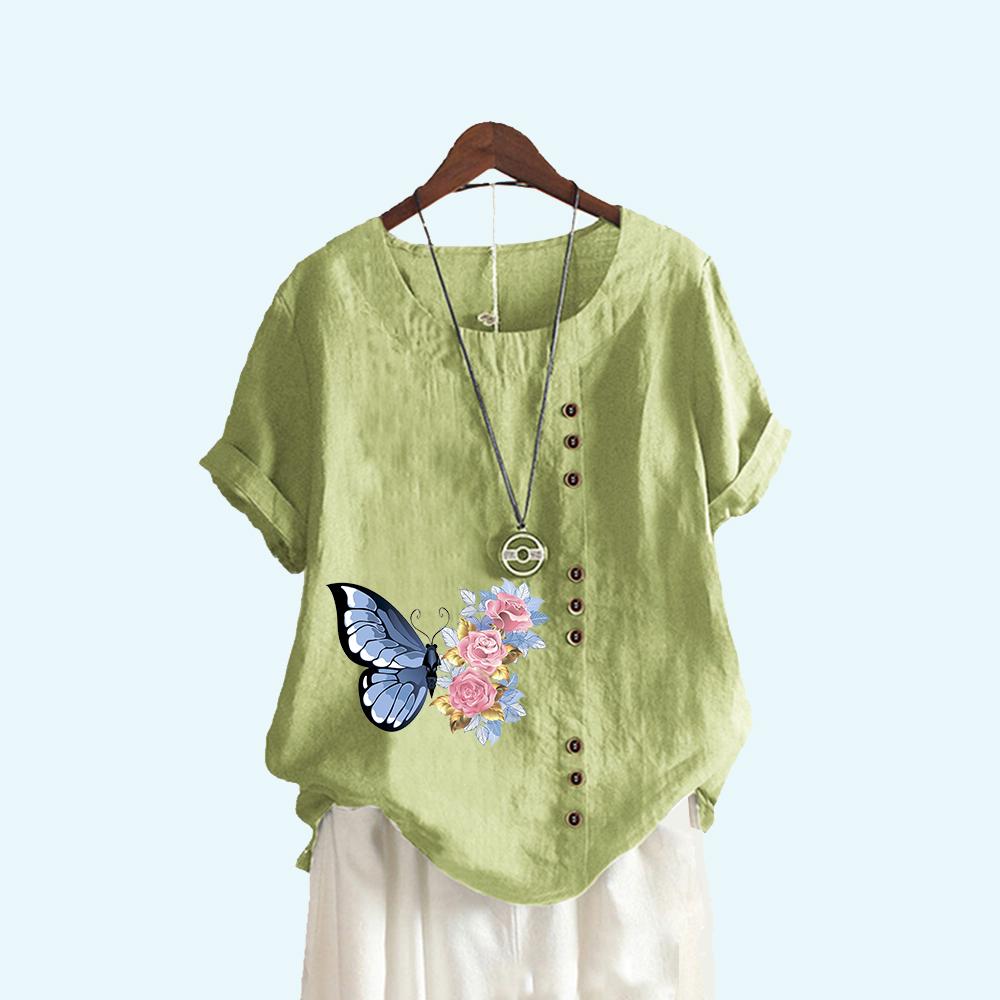 

Женская модная футболка с коротким рукавом и принтом бабочки, летняя повседневная пуловер с круглым вырезом, свободные хлопковые льняные блузки 3XL зелёный