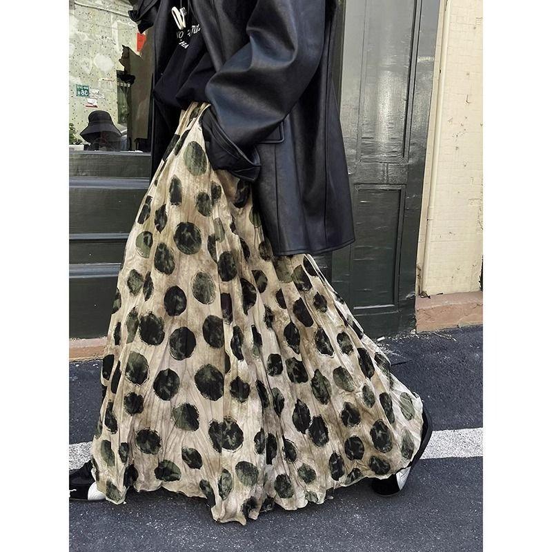 Falda Midi Estampada Retro para Mujer Cubre las Caderas para Mostrar un Temperamento Delgado Cintura Alta Lunares Verano Falda Larga para Mujer